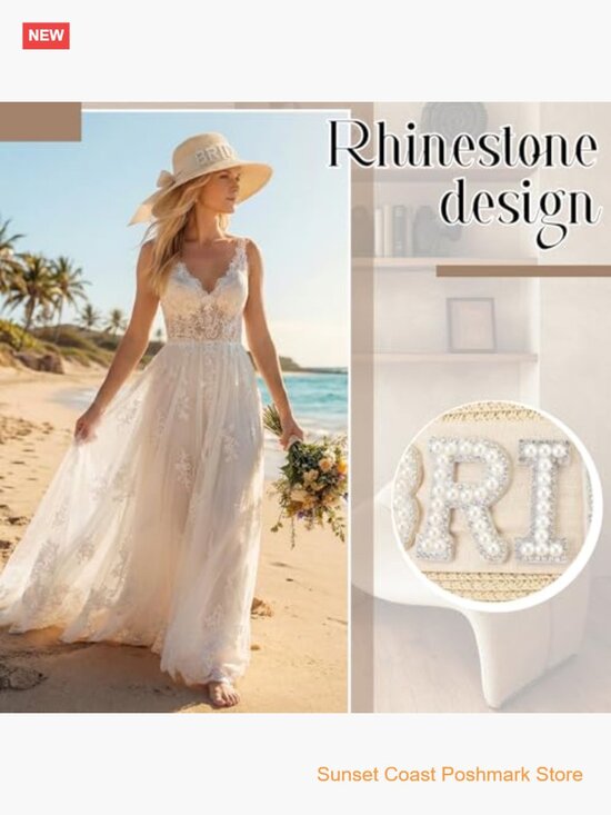 Bride Straw Floppy Sun Hat for Women Bridal Shower Bachelorette Gift Beige Wide main image 7